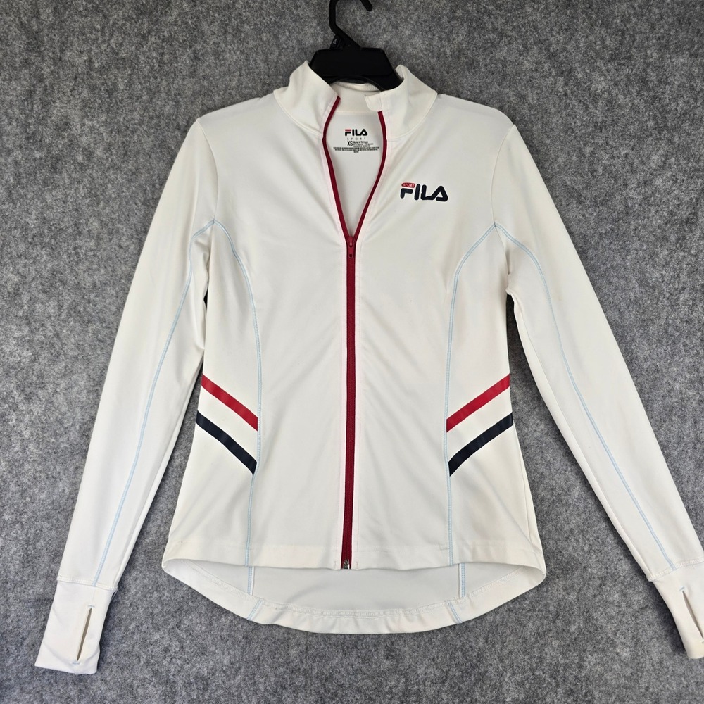 Fila Sport Jacket Womens XS White Full Zip Athletic Thumbhole Racing Stripe